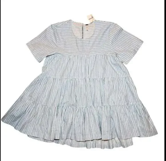 Free People Blue Stripe Babydoll Mini Dress Tiered Short Sleeve Size M NWT - Picture 8 of 8